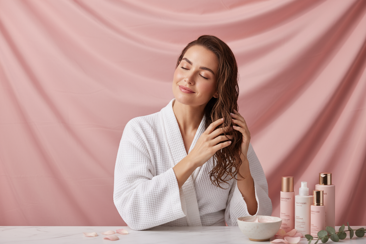 an image of a woman doing hair care with a pink background