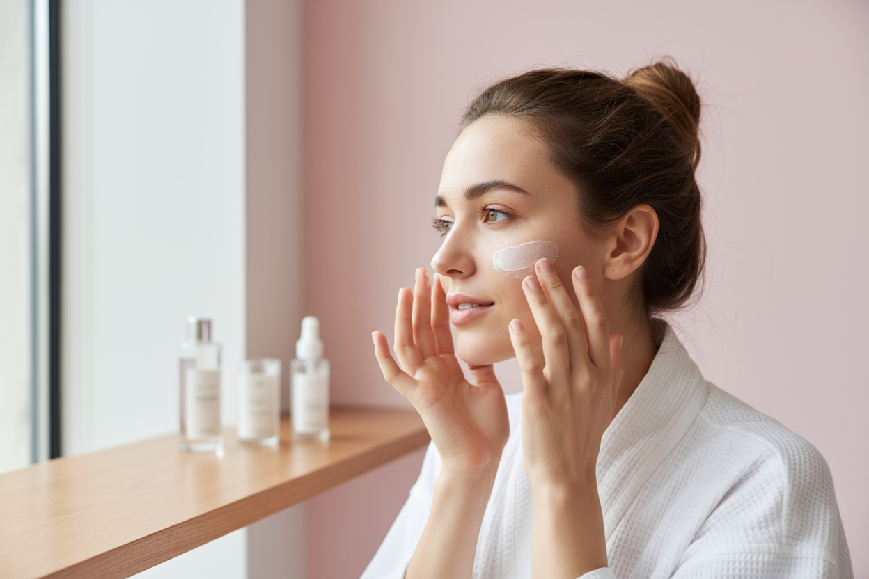 lady doing skin care with a pink background